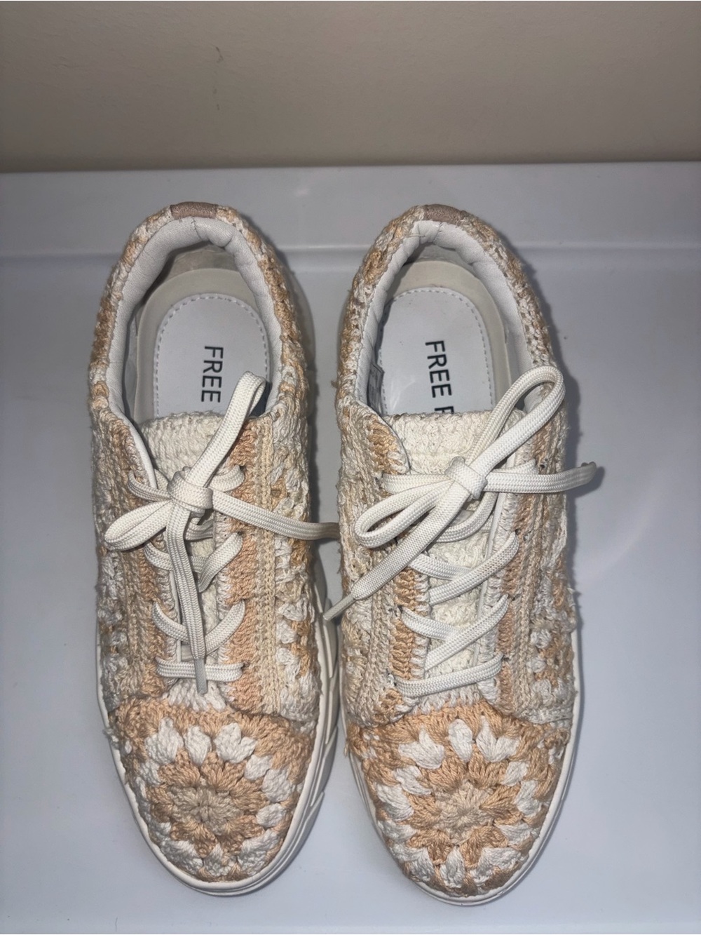 Free People Cream and Tan Crochet Knit Sneakers
